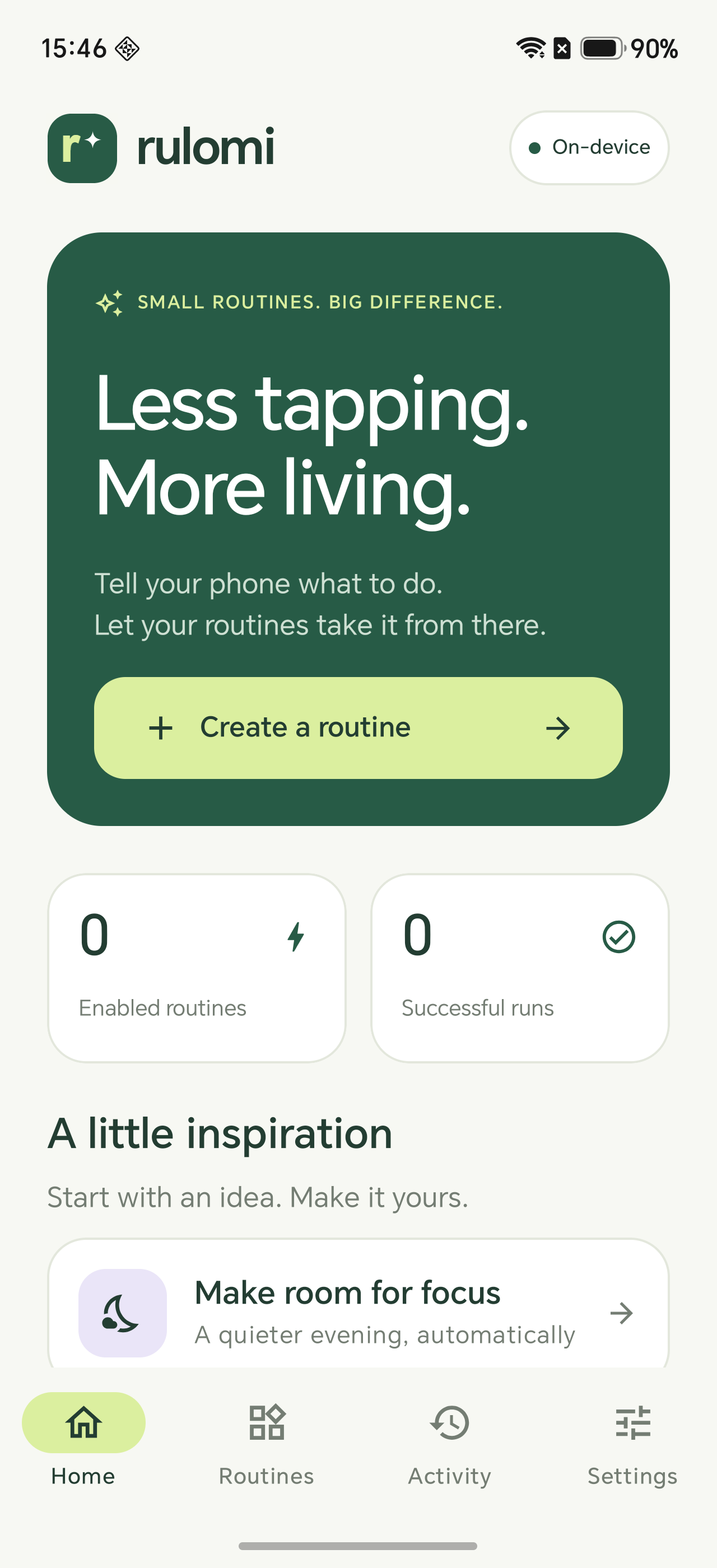 Rulomi home screen showing the create-a-routine card and inspiration list