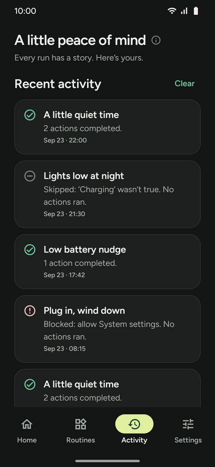 Activity list with completed, skipped, and blocked runs and the reason for each