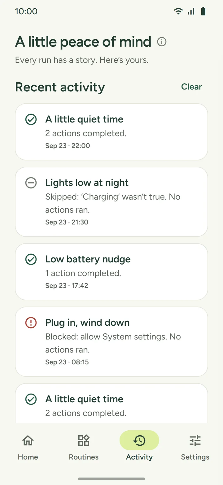 Activity list with completed, skipped, and blocked runs and the reason for each