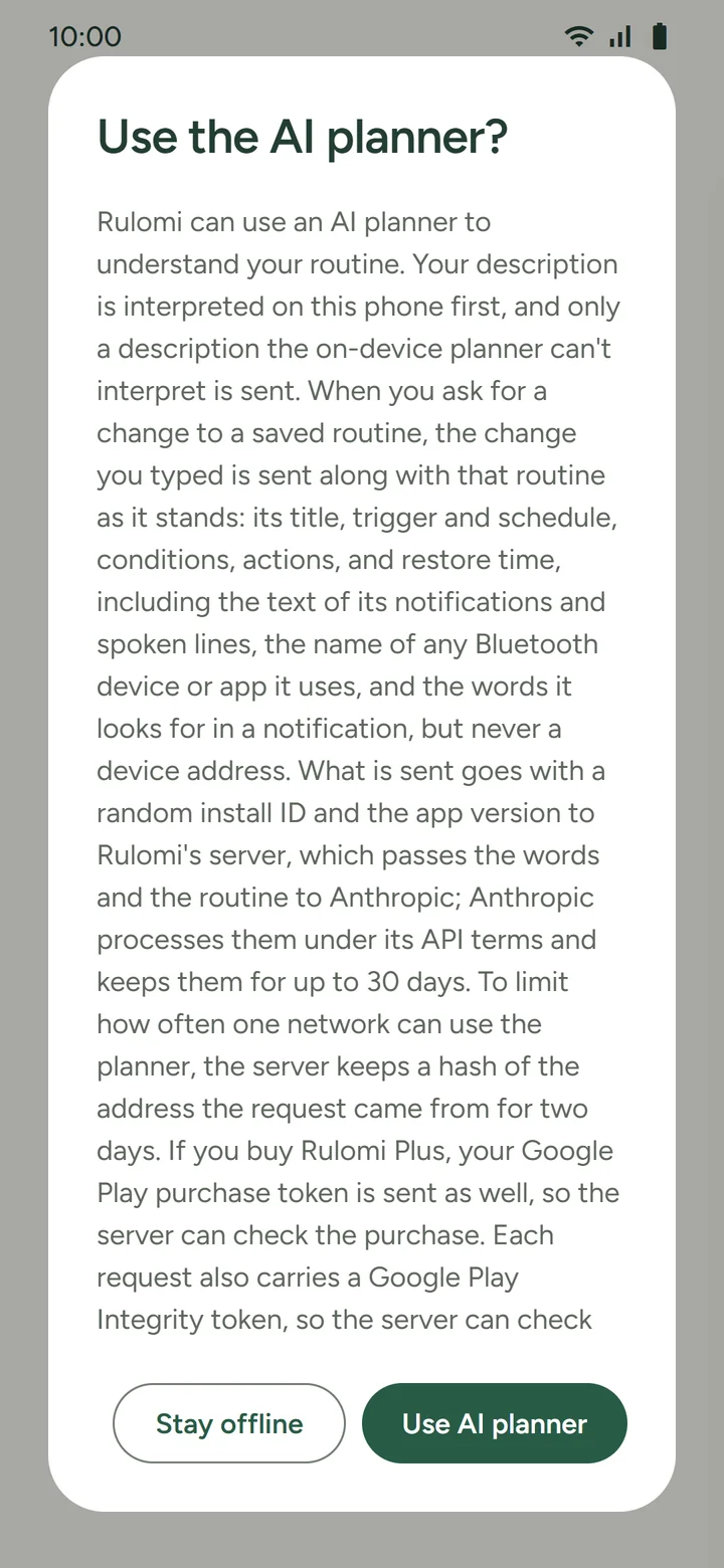 Use the AI planner? consent screen explaining what is sent and where, with Stay offline and Use AI planner buttons