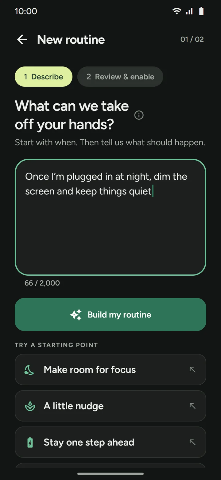 Describe step with an instruction typed into the prompt field, the Build my routine button, and three starting points