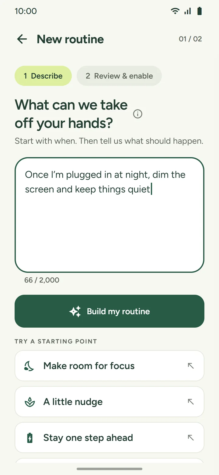 Describe step with an instruction typed into the prompt field, the Build my routine button, and three starting points