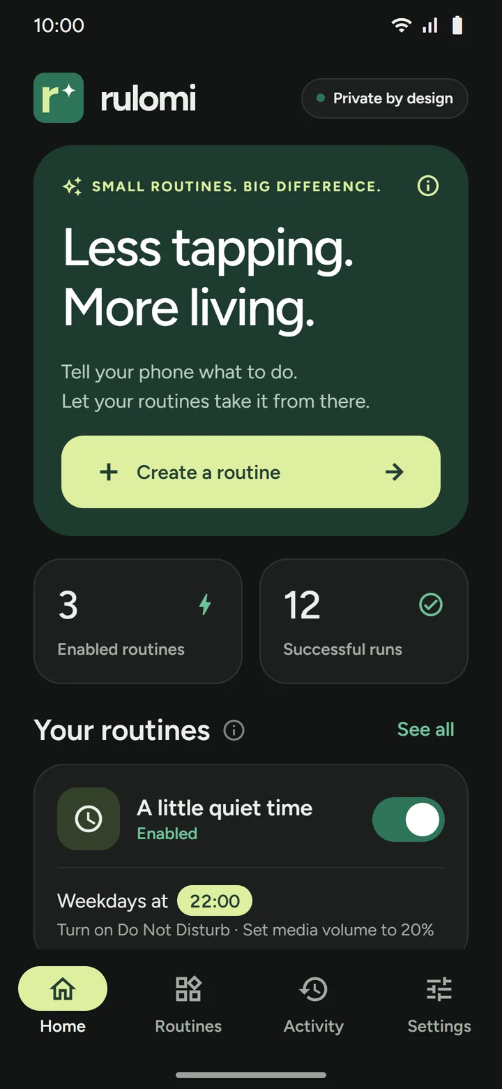 Rulomi home screen with the create-a-routine card, the enabled-routines and successful-runs counters, and a saved routine