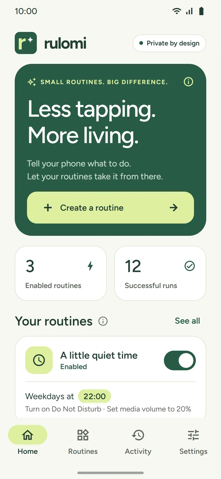 Rulomi home screen with the create-a-routine card, the enabled-routines and successful-runs counters, and a saved routine