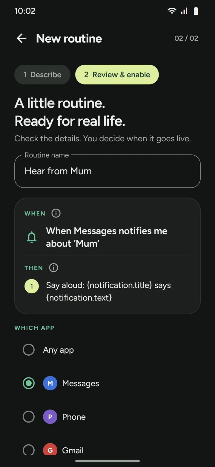 Review screen for a notification routine, with the app picker listing Any app, Messages, Phone, and Gmail
