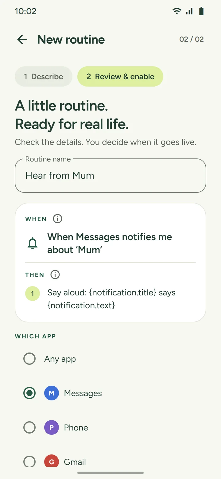 Review screen for a notification routine, with the app picker listing Any app, Messages, Phone, and Gmail
