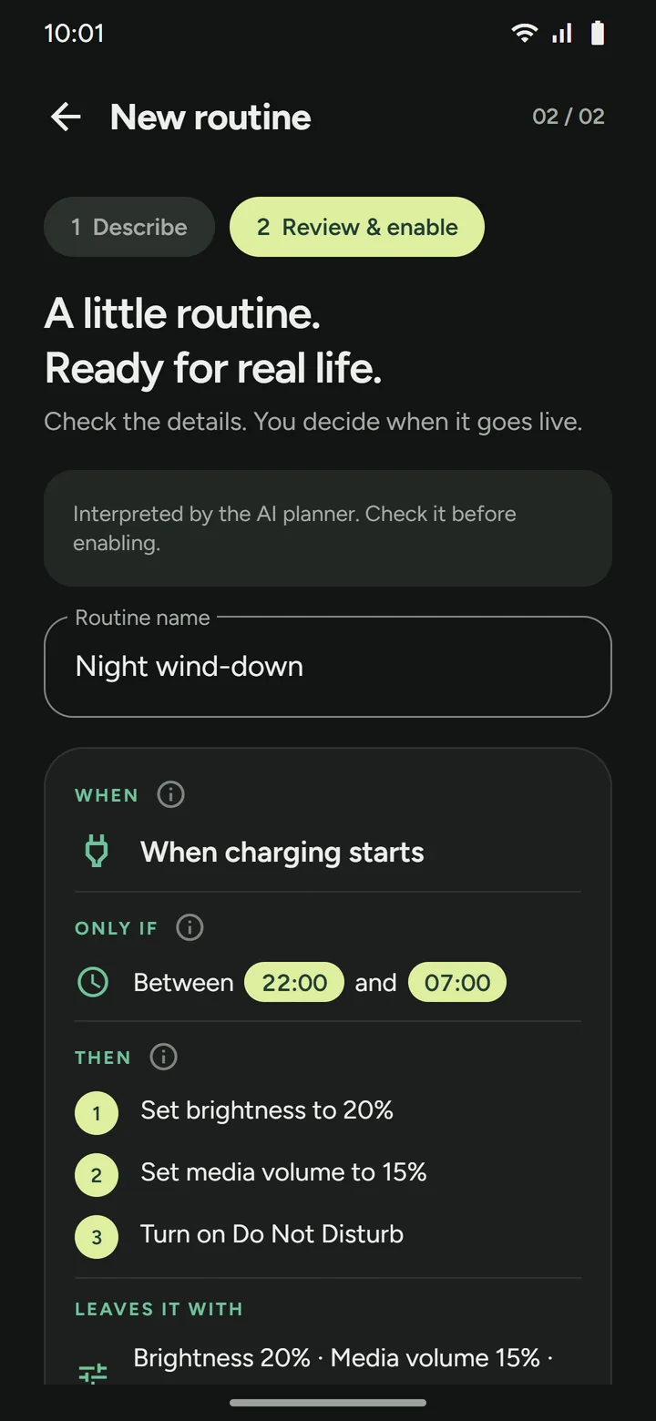 Review and enable step showing the charging trigger, a between-times condition, three numbered actions, and what the phone is left set to