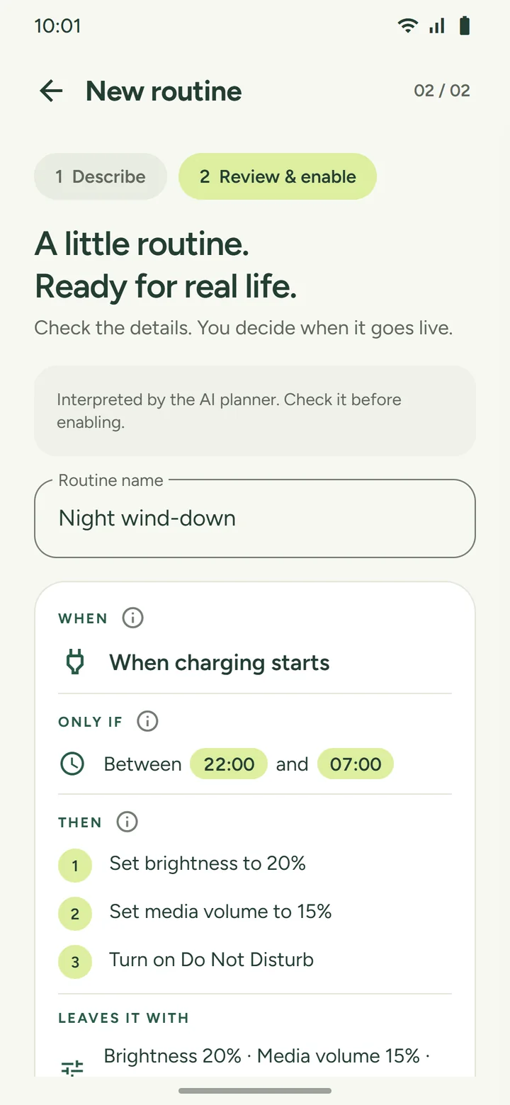 Review and enable step showing the charging trigger, a between-times condition, three numbered actions, and what the phone is left set to