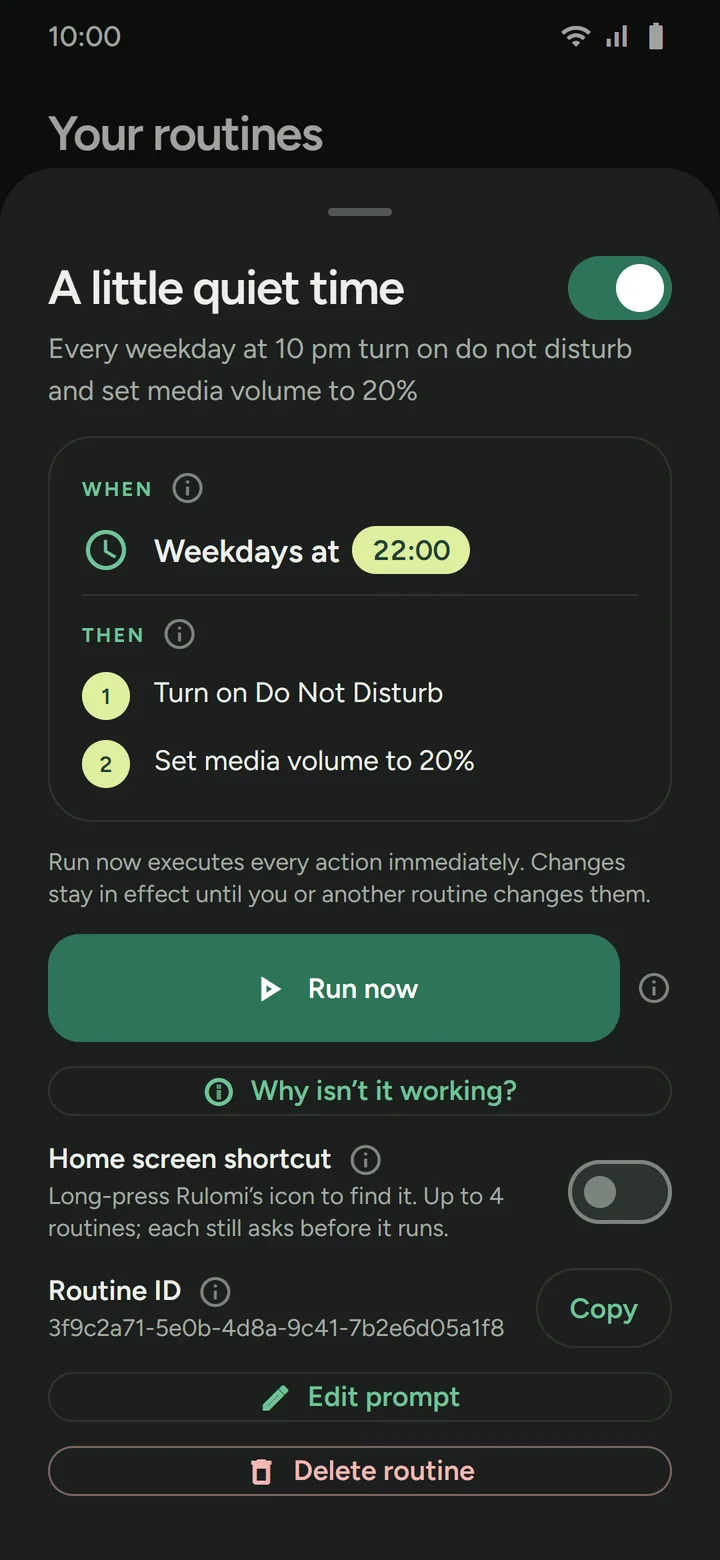 Routine sheet with the trigger and actions, Run now, Why isn't it working?, a home screen shortcut switch, Edit prompt, and Delete routine
