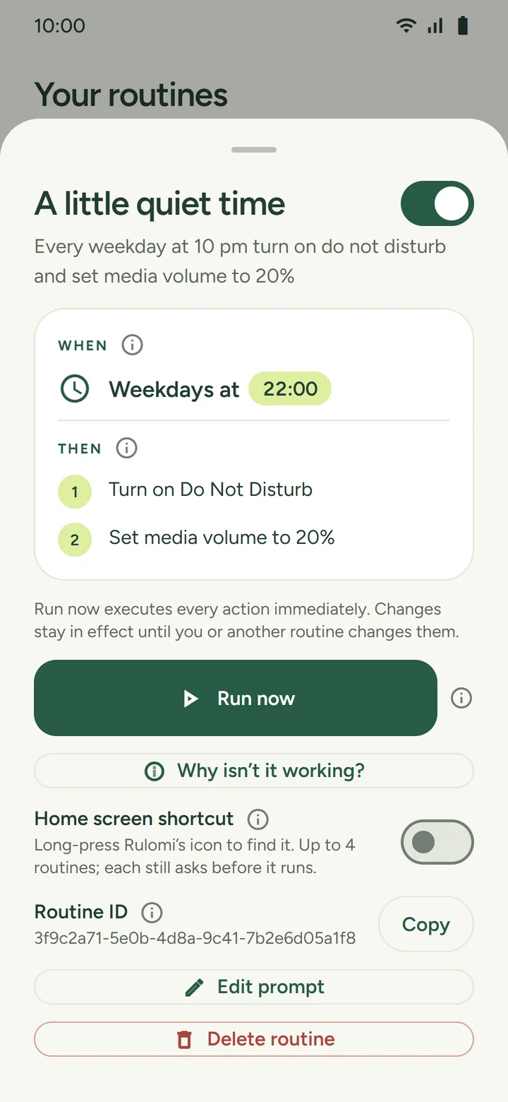 Routine sheet with the trigger and actions, Run now, Why isn't it working?, a home screen shortcut switch, Edit prompt, and Delete routine