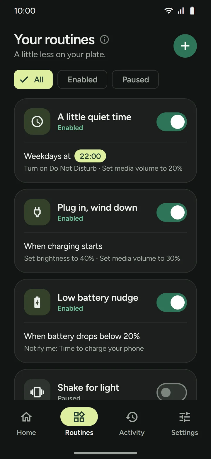 Your routines list with All, Enabled, and Paused filters and a switch on each routine