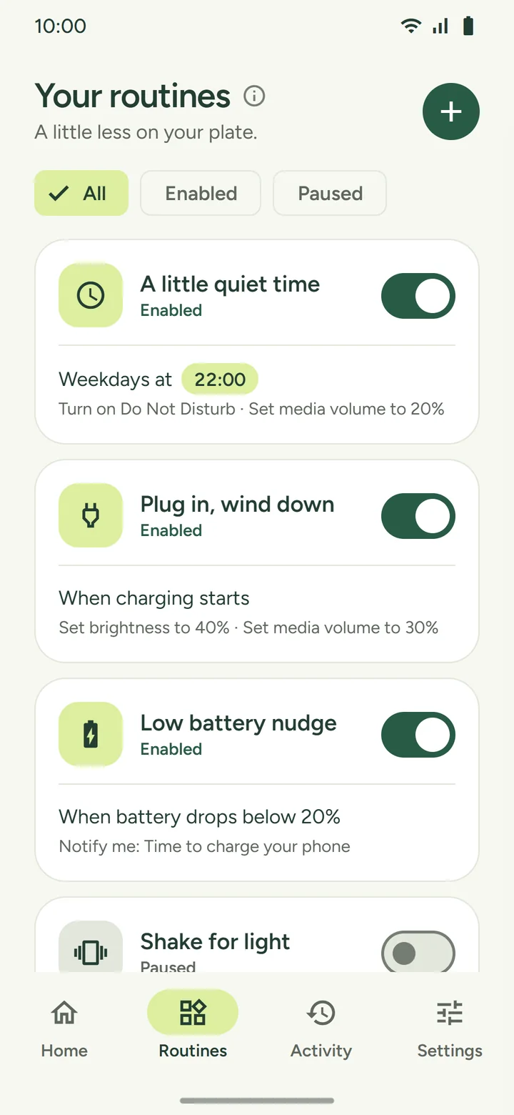 Your routines list with All, Enabled, and Paused filters and a switch on each routine