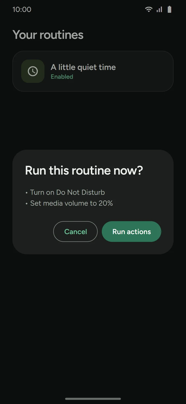 Run this routine now? dialog listing the actions, with Cancel and Run actions buttons