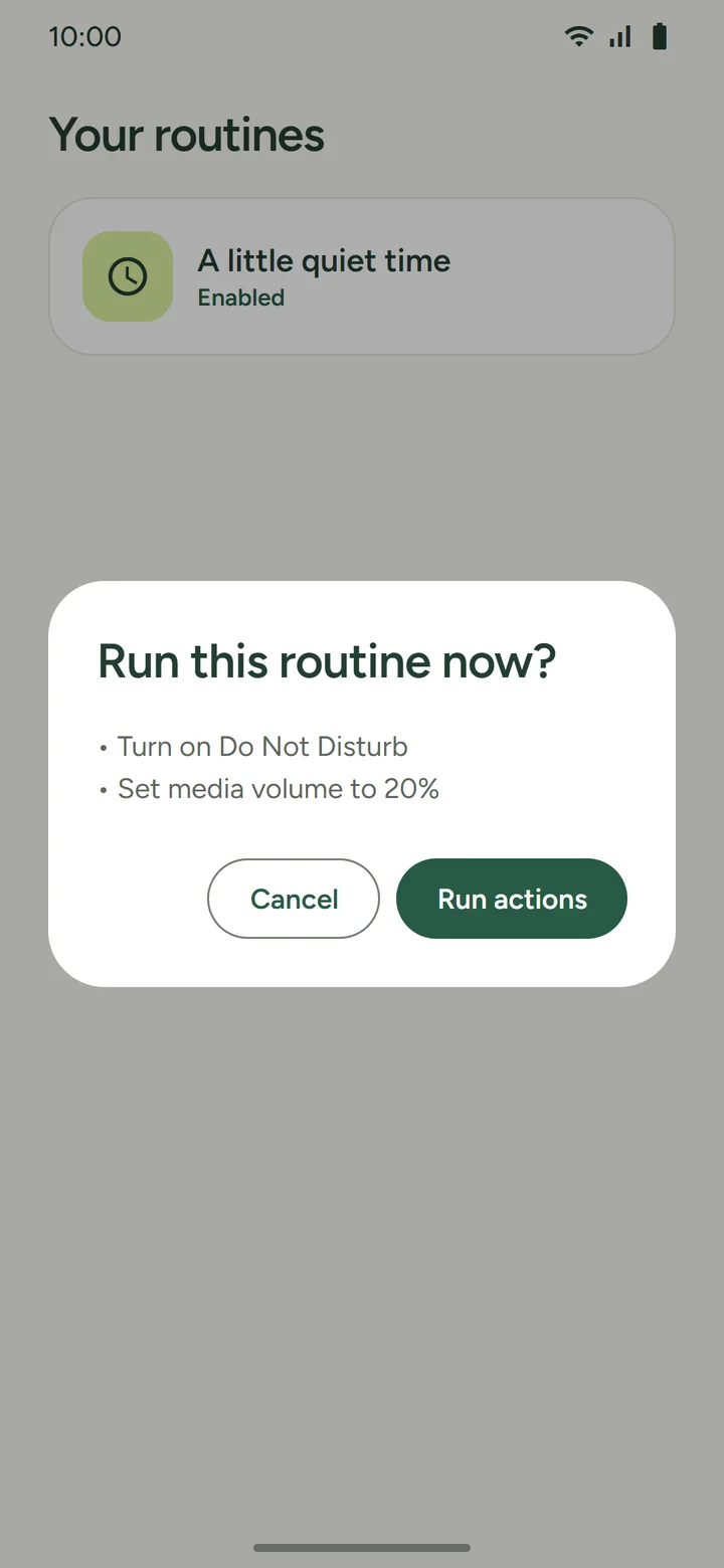 Run this routine now? dialog listing the actions, with Cancel and Run actions buttons