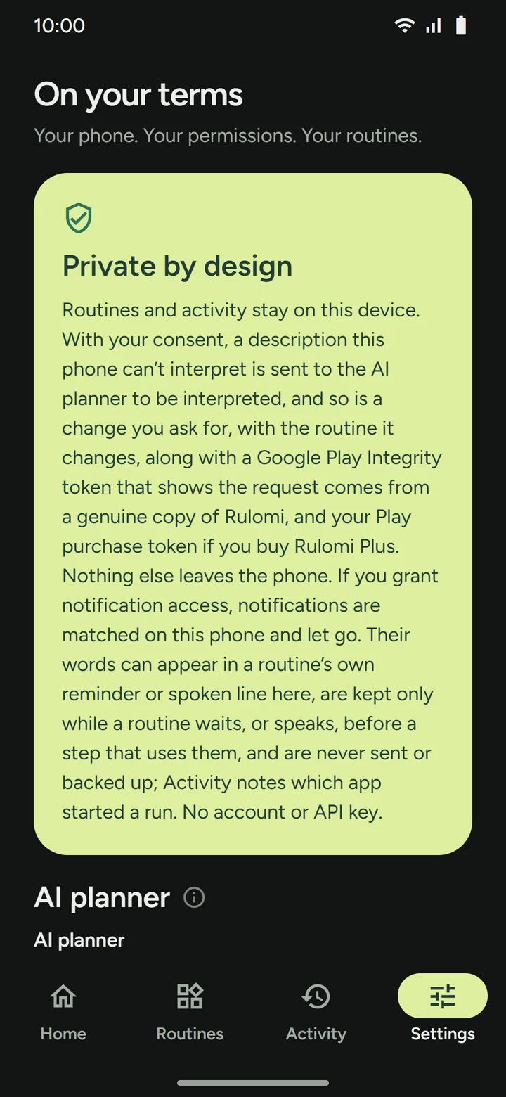 Settings screen with the Private by design card and the AI planner setting